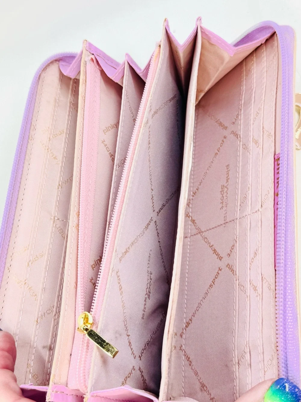 Pinky Wolman Full Sized Pink & Lavender Heart-Embossed Zip Around Wallet W/Charm